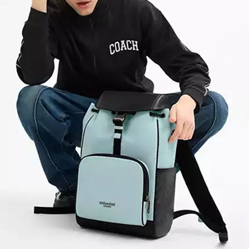 COACH RACER Calfskin With Coated Canvas Backpack Medium Size Men's Blue & Black-4