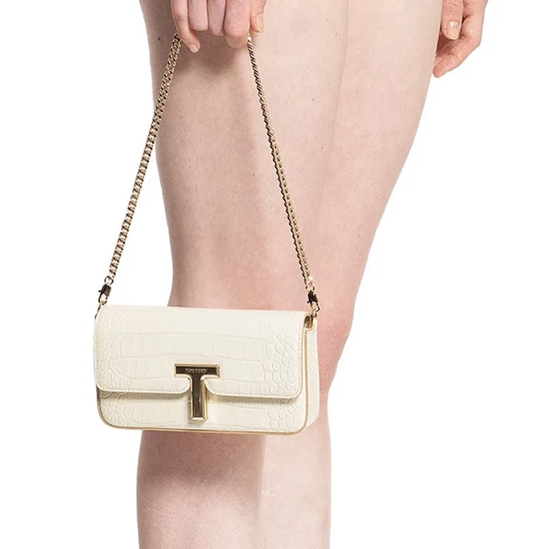 TF Cow Leather Shoulder Bag Women's White-5