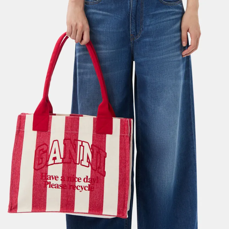GANNI Recycled Cotton Tote Bag, Shopping Bag, Handbag Tubas Women's Red & White-4