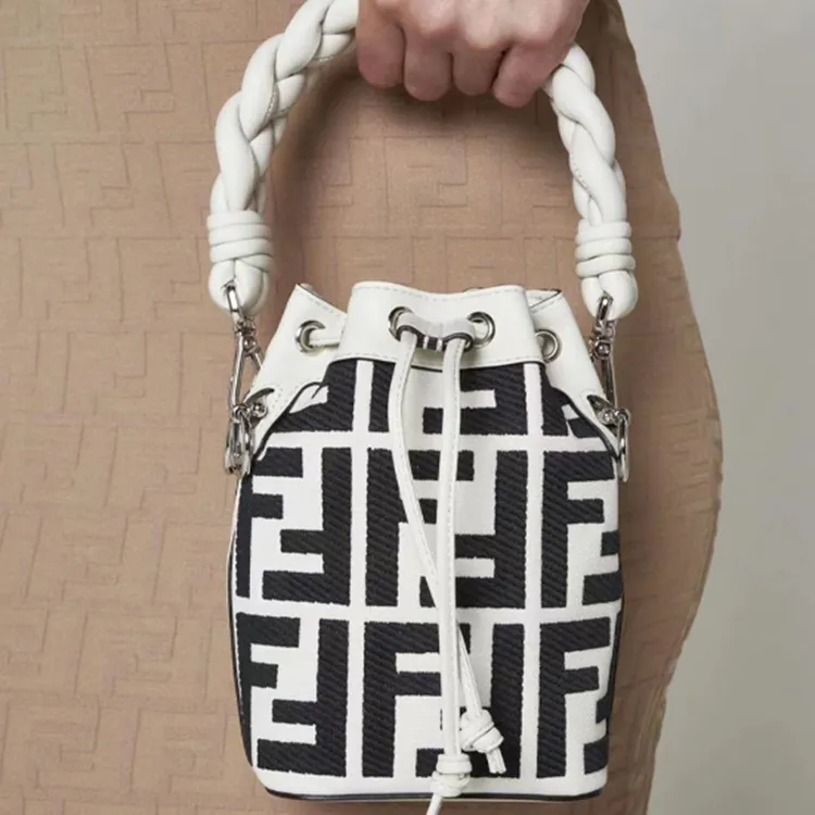 FENDI Mon Tresor Textile, Leather Bucket Bag, Shoulder Bag, Crossbody Bag, Handbag Small Size Women's Black White-5
