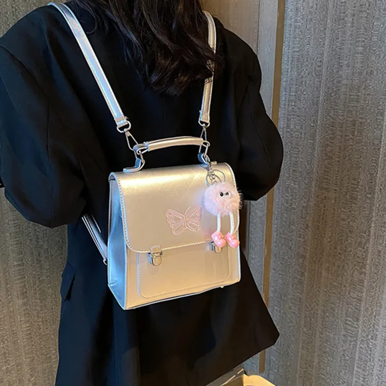 SUPERCUTE PU Backpack Medium Size Women's Black/Silver/Coffee-7