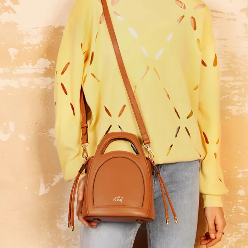 Why Cow Leather Crossbody Handbag Small Size Women's Caramel/Black/Ecru-7