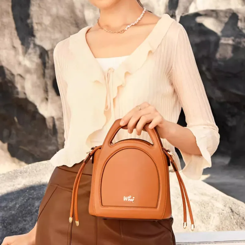 Why Cow Leather Crossbody Handbag Small Size Women's Caramel/Black/Ecru-5