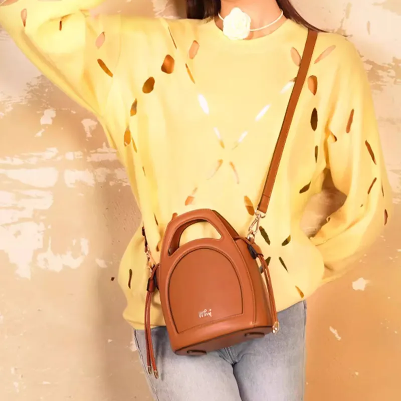 Why Cow Leather Crossbody Handbag Small Size Women's Caramel/Black/Ecru-6