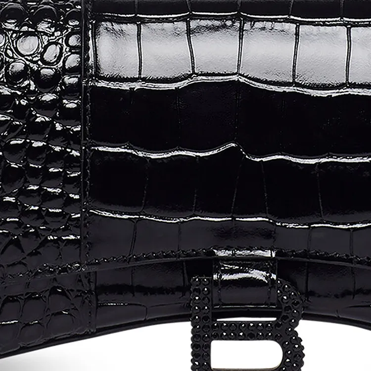 Balenciaga Hourglass Crocodile Pattern Embossed Cow Leather One Shoulder Crossbody Chain Wallet Women's Black-4