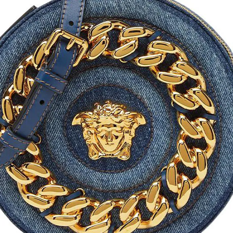 VERSACE La Medusa Cotton With Calfskin Trim Shoulder Bag Crossbody Bag Women's Blue-3
