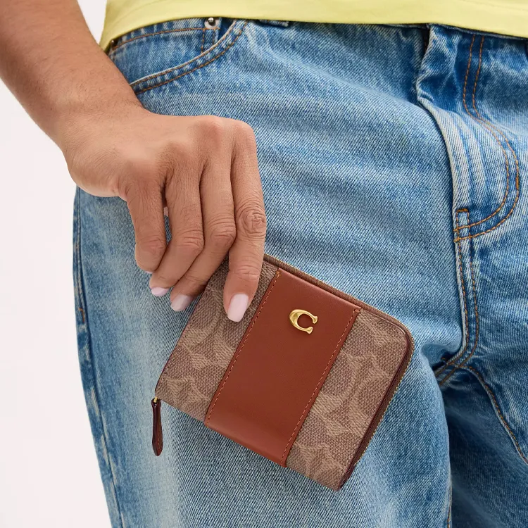 COACH Signature Canvas Card Holder Wallet Mini Women's Tan With Caramel Accents-2