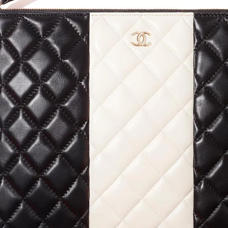 CHANEL Lambskin Clutch Women's Black White-3