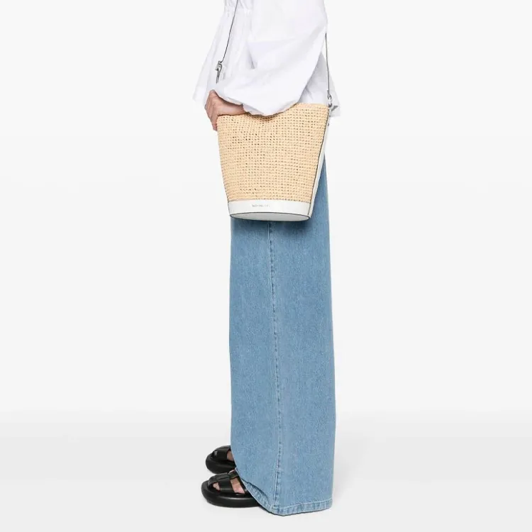 MICHAEL KORS Fabric+Artificial Leather Bucket Bag, Shoulder Bag, Crossbody Bag Medium Size Women's Natural & White-5