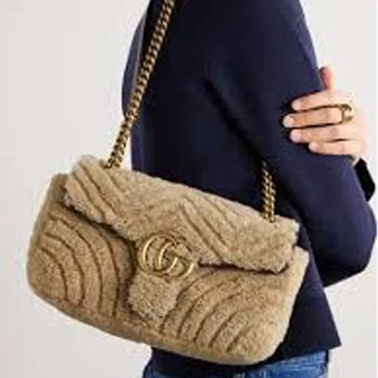 GUCCI Marmont Shearling Shoulder Bag Trumpets Women's Beige-4