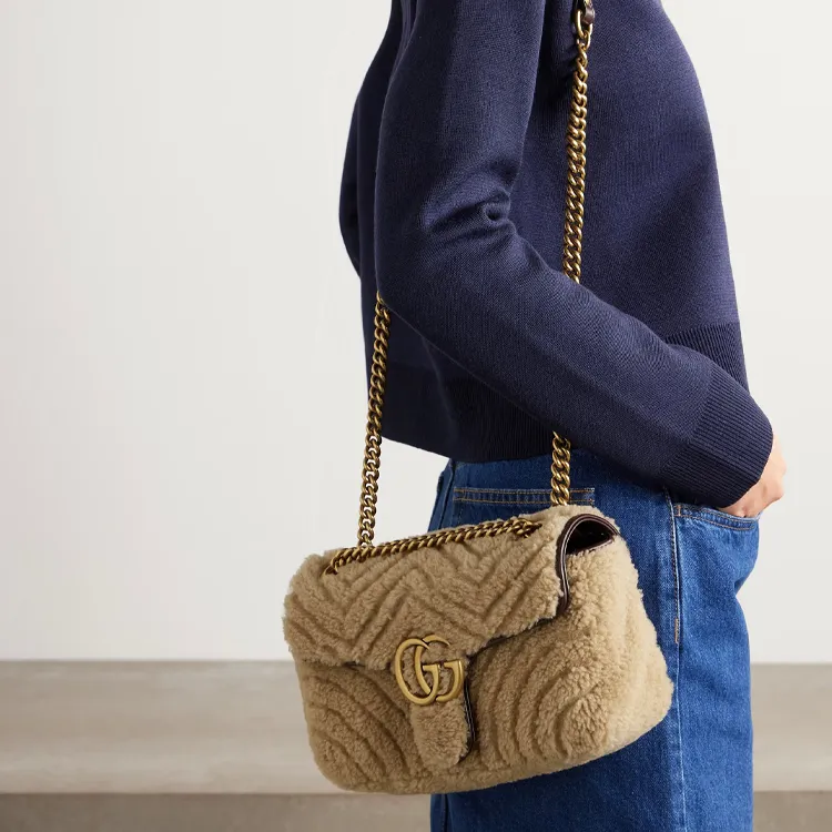 GUCCI Marmont Shearling Shoulder Bag Trumpets Women's Beige-3