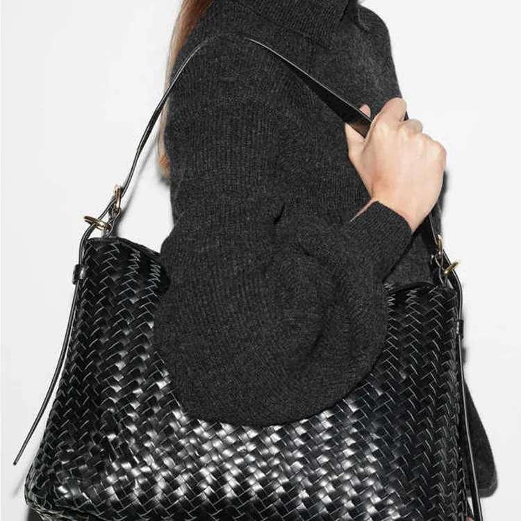 Other Stories Cow Leather Tote Bag Shopping Bag Shoulder Bags Large Size Women's Black-4