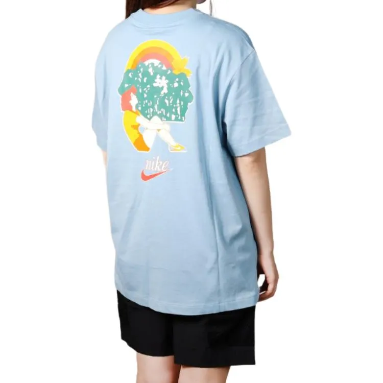 Nike Women'ss Retro Logo Cartoon Print Crewneck T-Shirt Blue-4