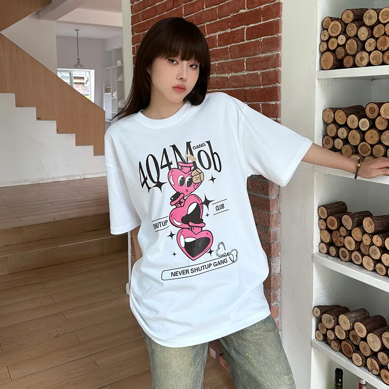 404MOB GANG Fun Cartoon Heart Letter Logo Print Loose Fit Casual Crew Neck Short Sleeved T Shirt T Shirt Unisex-2