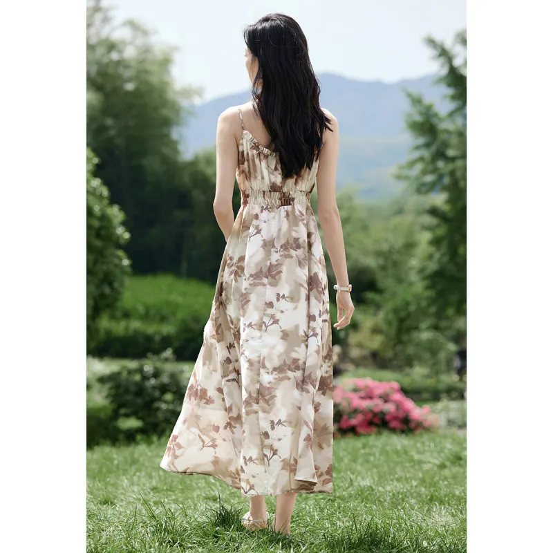 Mo Han Yi Mei Slip Dress Women's Coffee Green Floral-0
