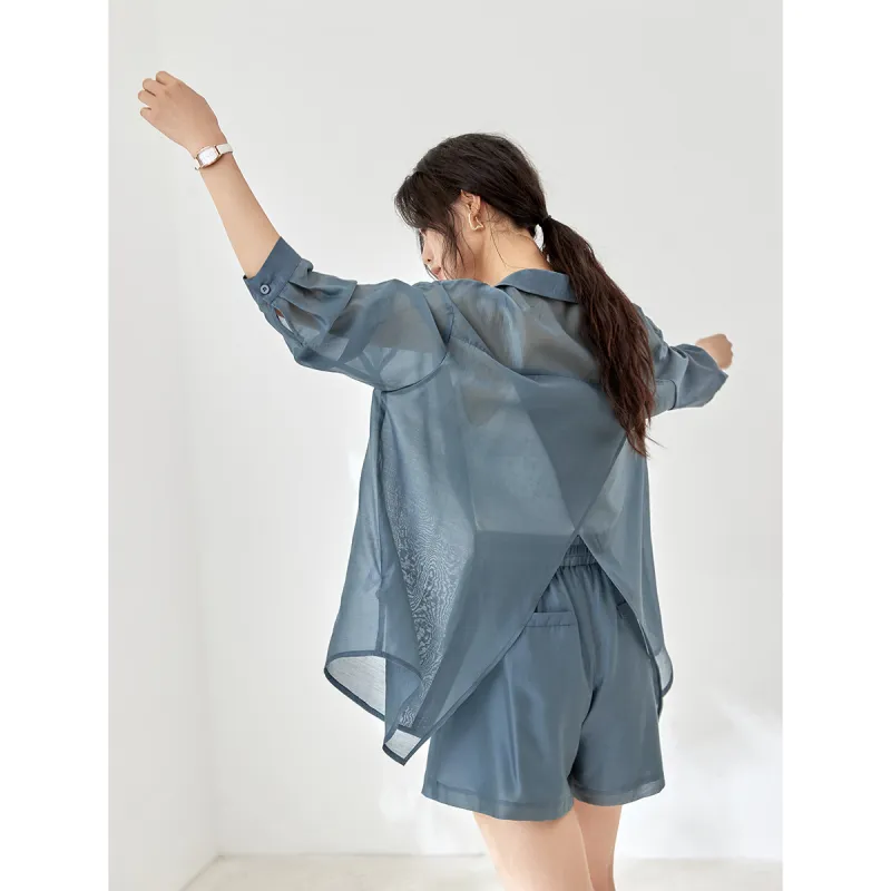 Mo Han Yi Mei Shirt Matching Set Women's Gray Lake Blue-3