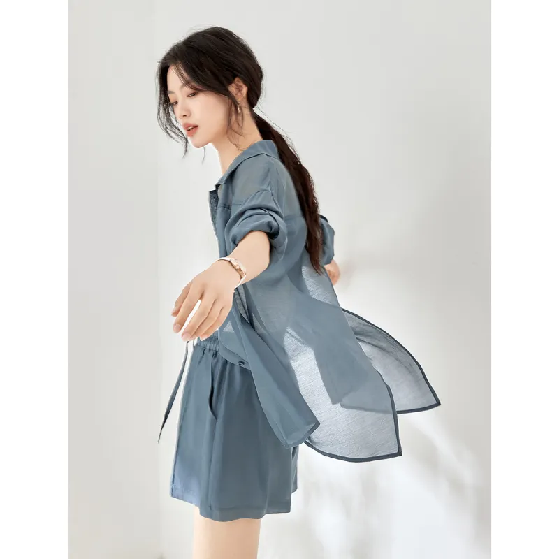 Mo Han Yi Mei Shirt Matching Set Women's Gray Lake Blue-2
