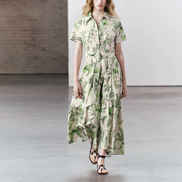 ZARA ZW Series Short-Sleeved Dresses Women's Green-2
