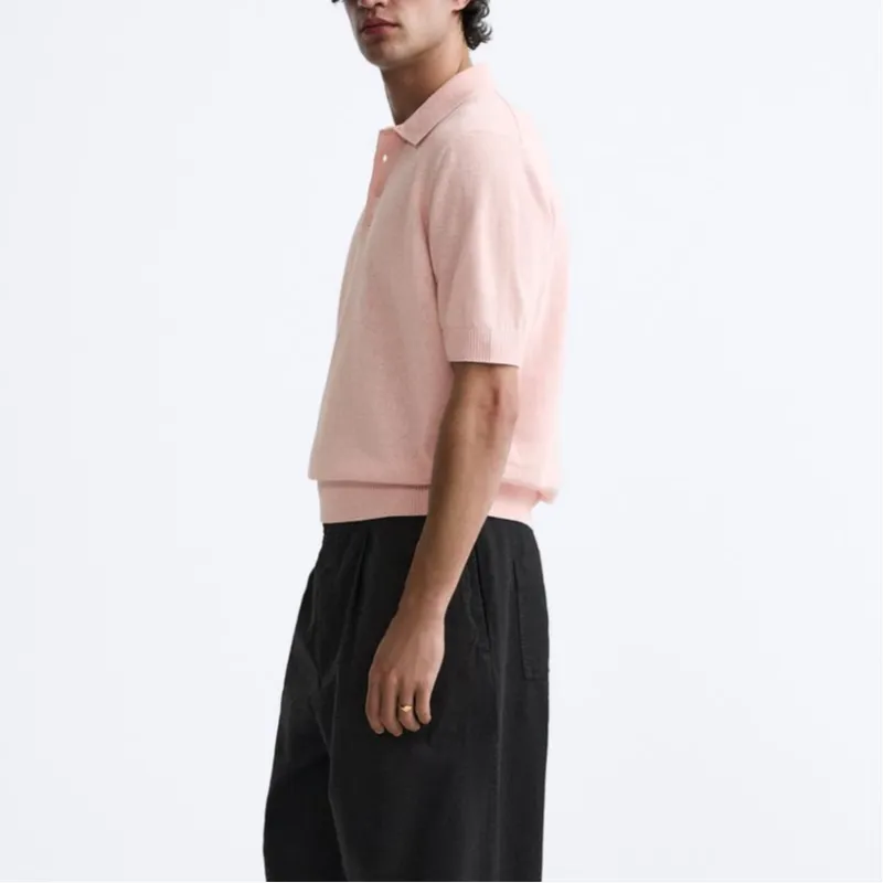 ZARA Polo Shirt Men's Light Pink Red-4