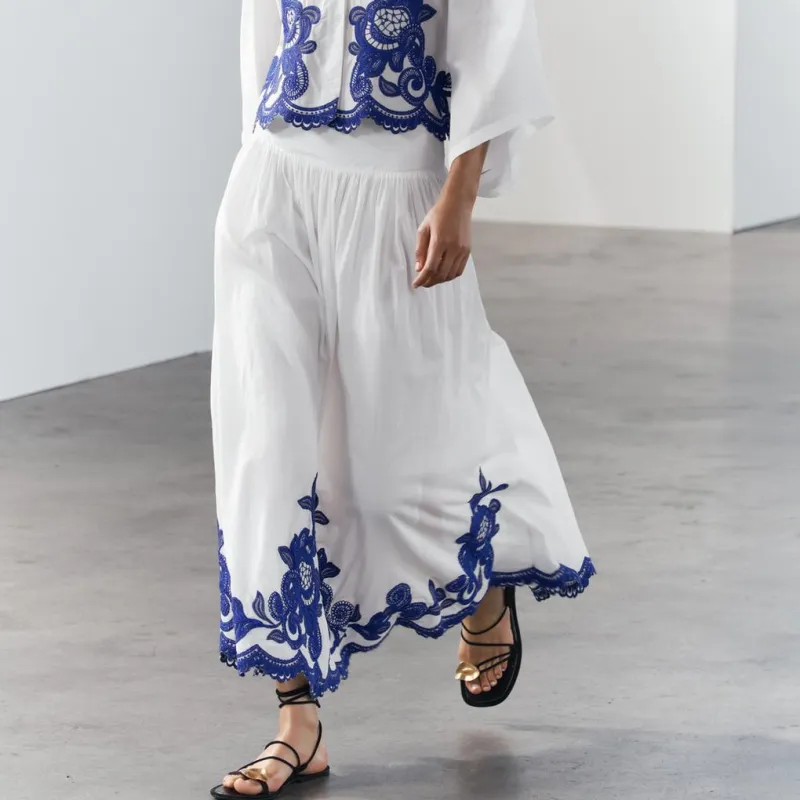 ZARA ZW Series Casual Long Skirts Women's Blue/White-4