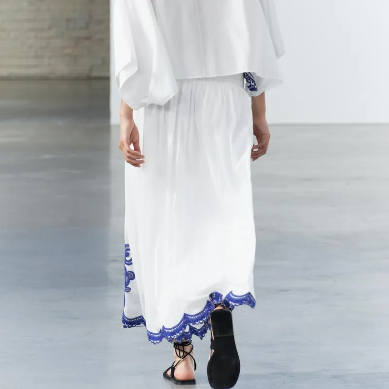 ZARA ZW Series Casual Long Skirts Women's Blue/White-3
