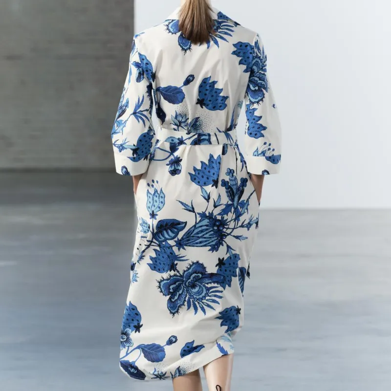 ZARA ZW Series Long Sleeved Dresses Women's Blue/White-3