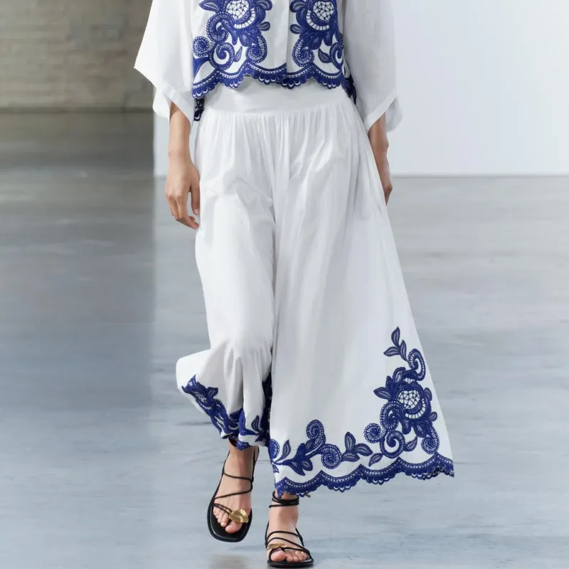 ZARA ZW Series Casual Long Skirts Women's Blue/White-2