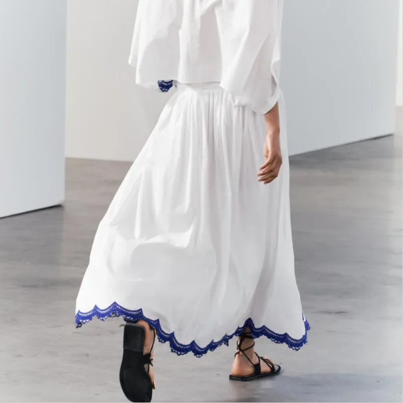 ZARA ZW Series Casual Long Skirts Women's Blue/White-5