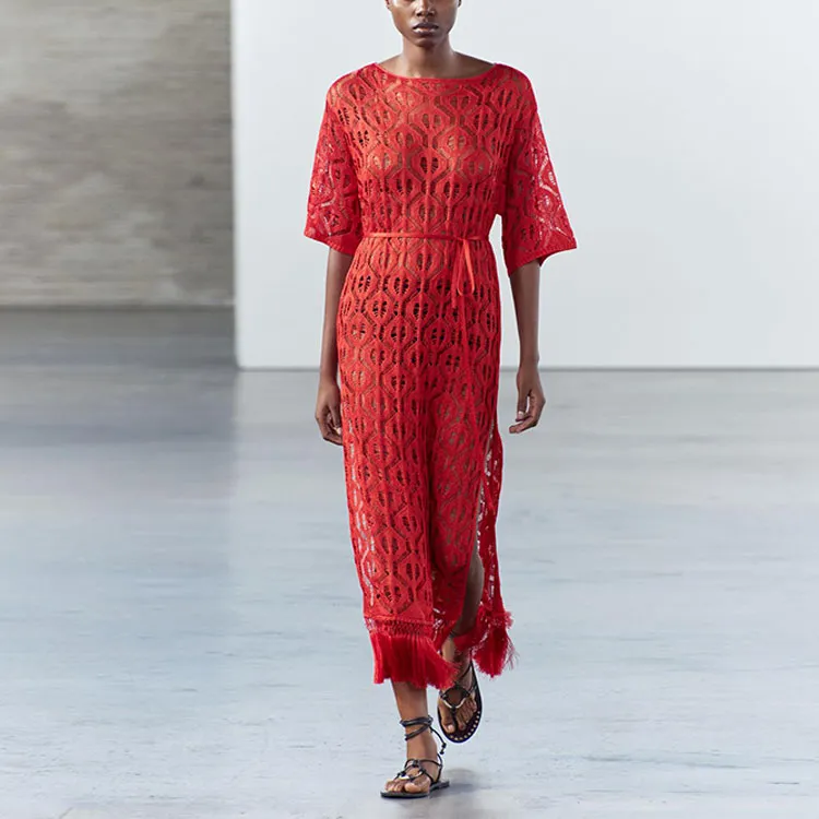 ZARA Short-Sleeved Dresses Women's Red-2