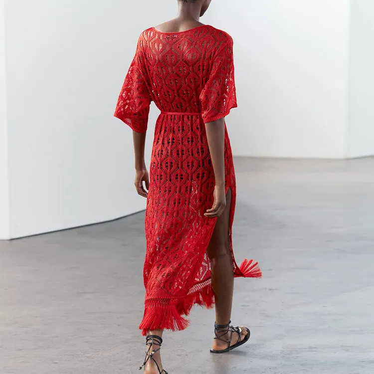 ZARA Short-Sleeved Dresses Women's Red-3