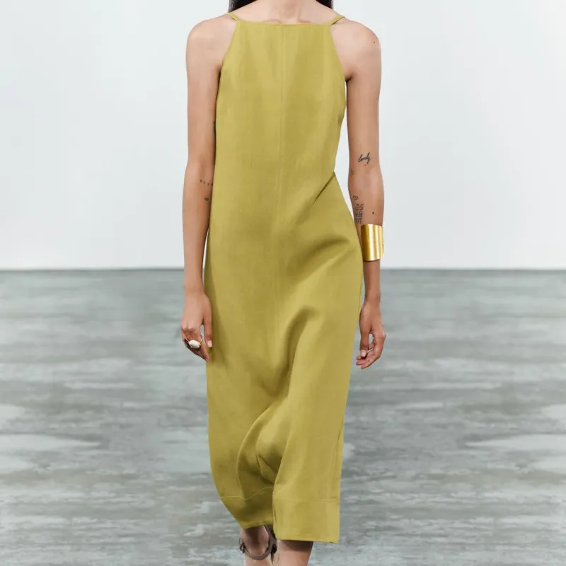 ZARA ZW Series Sleeveless Dress Women's Yellow Green-2