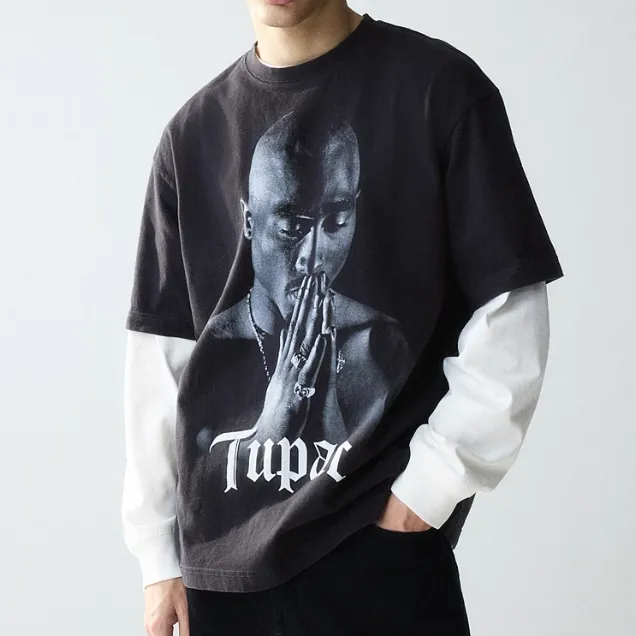 H&M Drop Shoulder Sleeve T-Shirt Men's Black/2Pac003-1