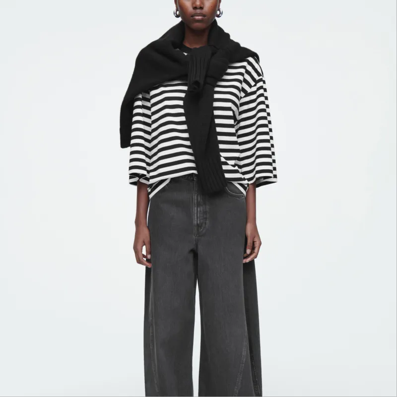 COS T Shirt Women's Black Stripes-1