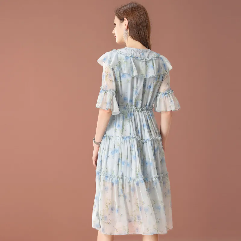 FENHONGMALI Short Sleeved Dress Women's Light Blue-2