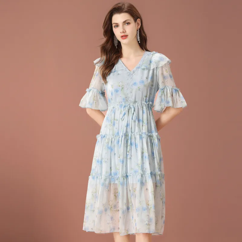 FENHONGMALI Short Sleeved Dress Women's Light Blue-1