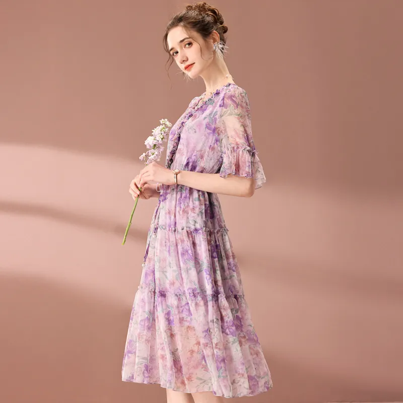 FENHONGMALI Short Sleeved Dresses Women's Purple Flower-1