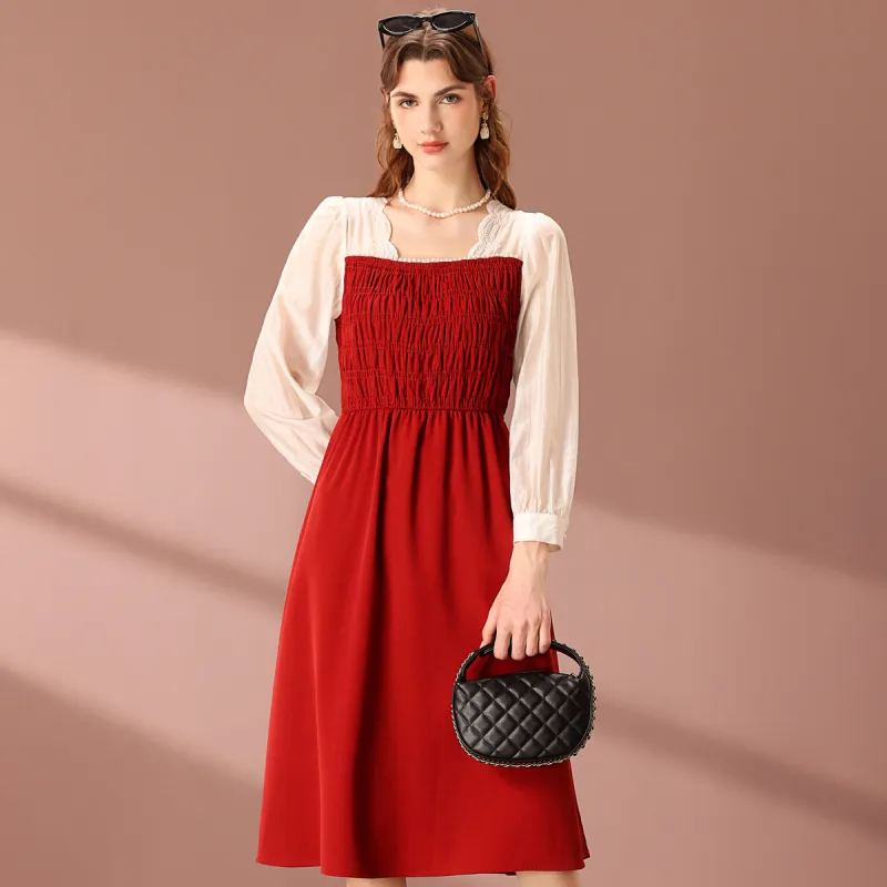FENHONGMALI Long Sleeved Dresses Women's Red-1