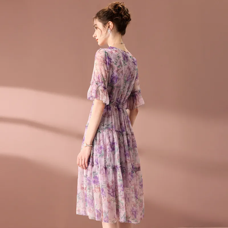 FENHONGMALI Short Sleeved Dresses Women's Purple Flower-2