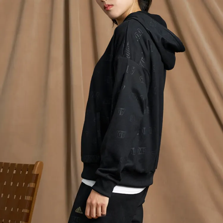 Adidas Embossed Monogram Fleece Hoodie Sweatshirt Women's Black-3