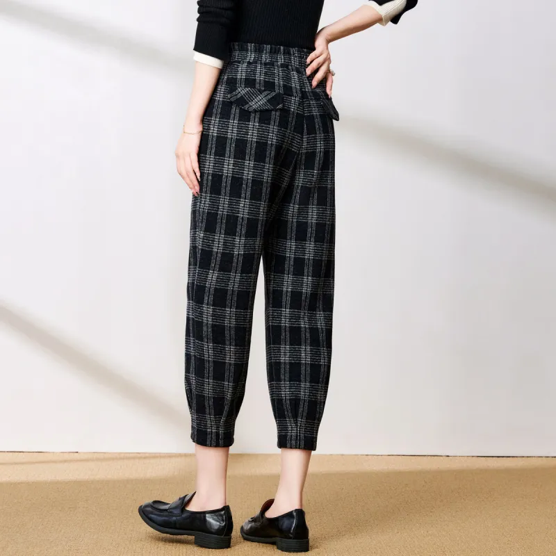 FENHONGMALI Casual Pants Women's Black White Plaid-1