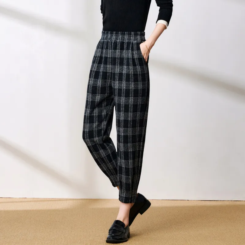 FENHONGMALI Casual Pants Women's Black White Plaid-2