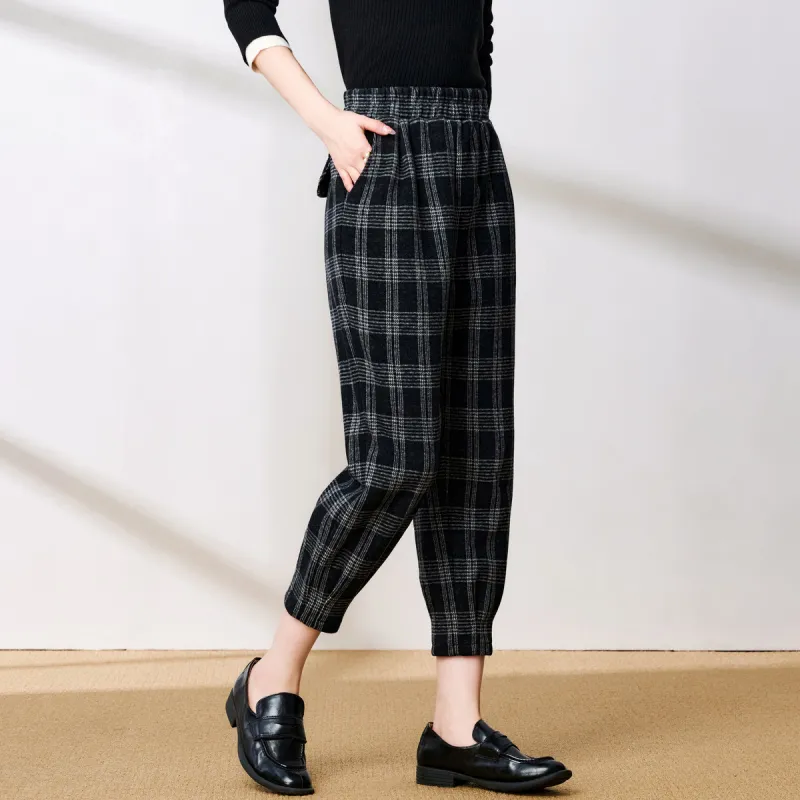 FENHONGMALI Casual Pants Women's Black White Plaid-3