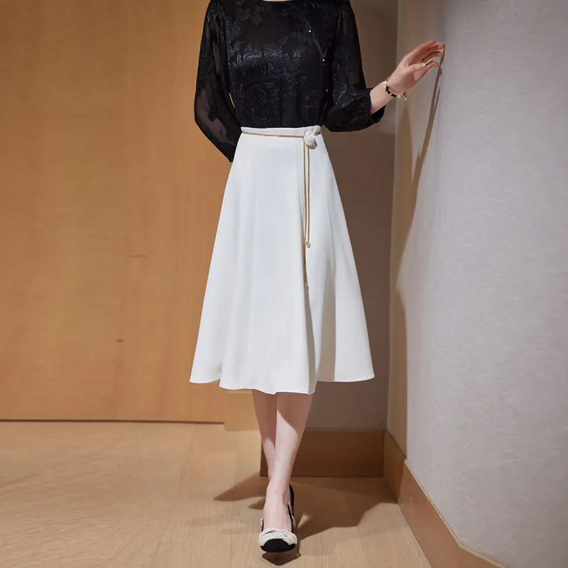 Hang Yi Court Casual Long Skirt Women's White-2