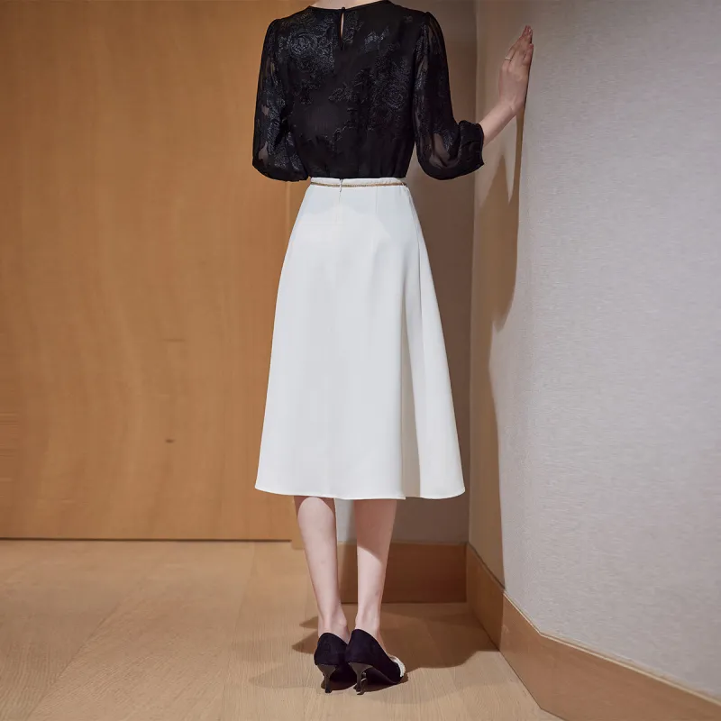 Hang Yi Court Casual Long Skirt Women's White-3