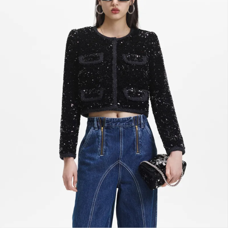 Self portrait Cropped Coat Women's Classic Black-1