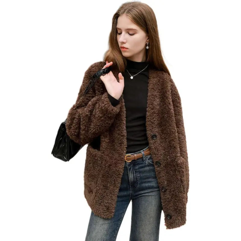 3COLOUR Velvet feel Coat Women's Coffee-2