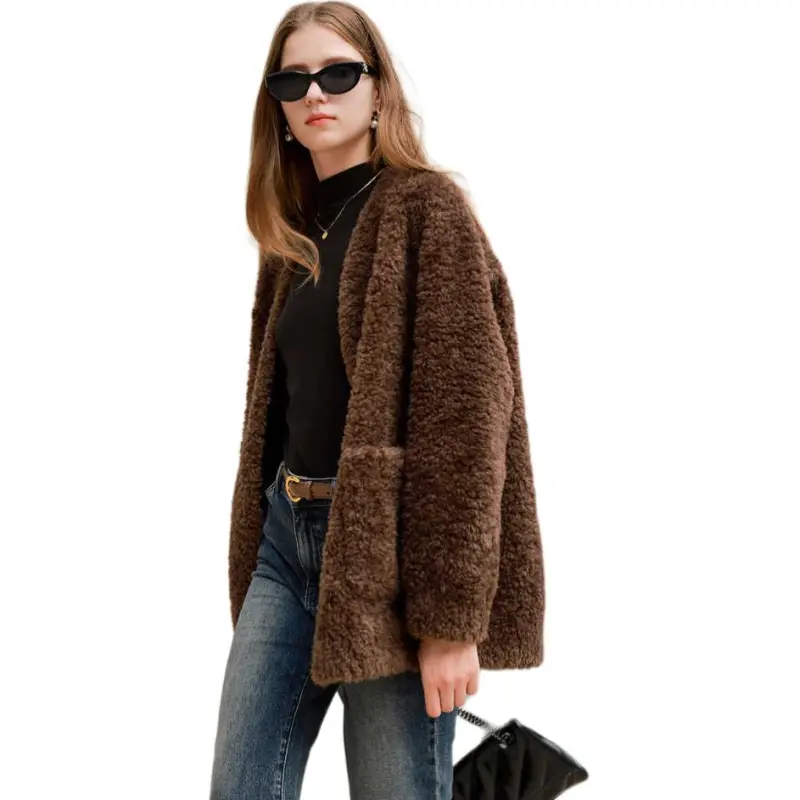 3COLOUR Velvet feel Coat Women's Coffee-1