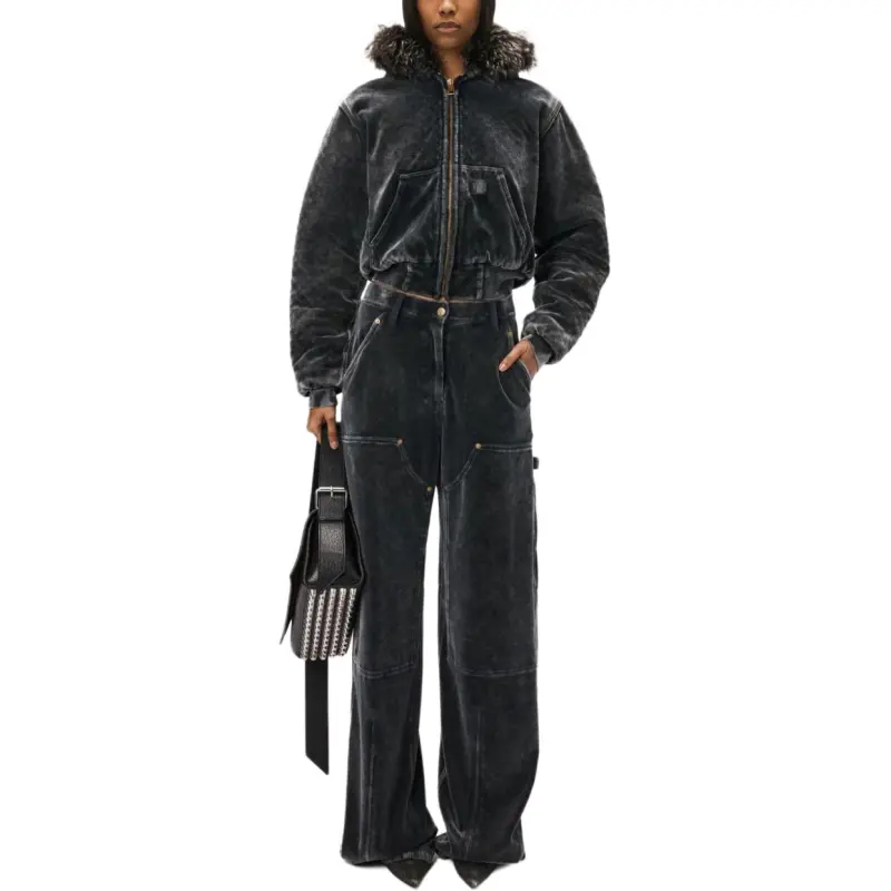 T By Alexander Wang Velour Workwear Shearling Trim Hood Hoodie Washed Slate-3