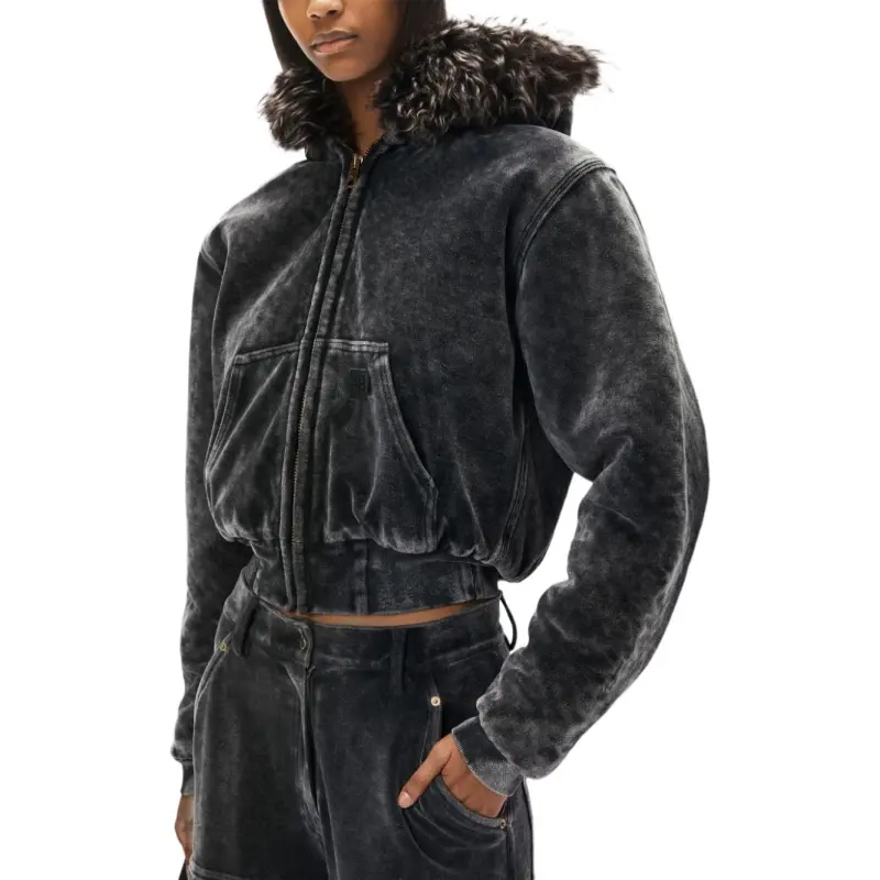 T By Alexander Wang Velour Workwear Shearling Trim Hood Hoodie Washed Slate-1