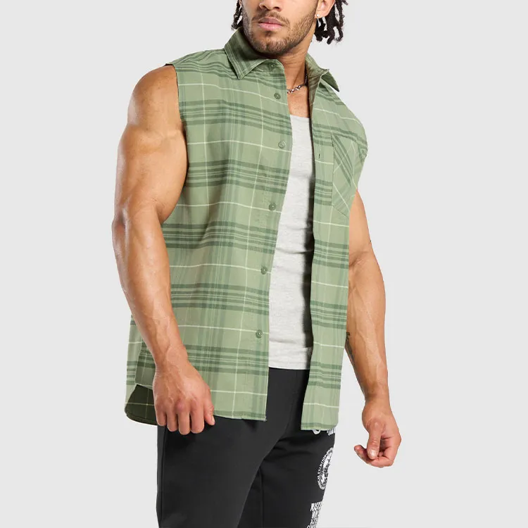 GYMSHARK CHECK SLEEVELESS SHIRT Men's Natural Sage Green-3